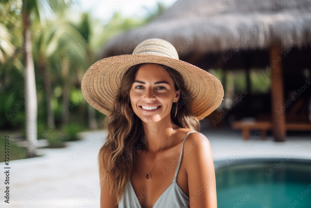 Portrait of beautiful young woman in swimsuit and hat standing near swimming pool