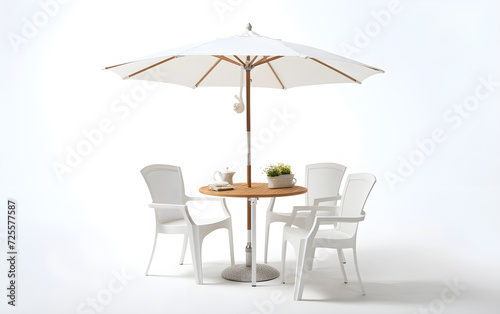 Cozy chairs and a table under the shade of a bright umbrella.  Generative AI