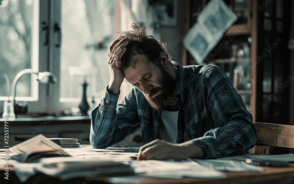 A distressed man sits at a table with his head in his hands, unpaid bills spread out before him. A distressed man sits at a table with his head in his hands, unpaid bills spread out before him.