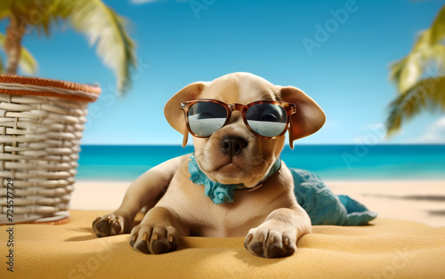 Puppy in stylish glasses resting on the beach, Generative AI