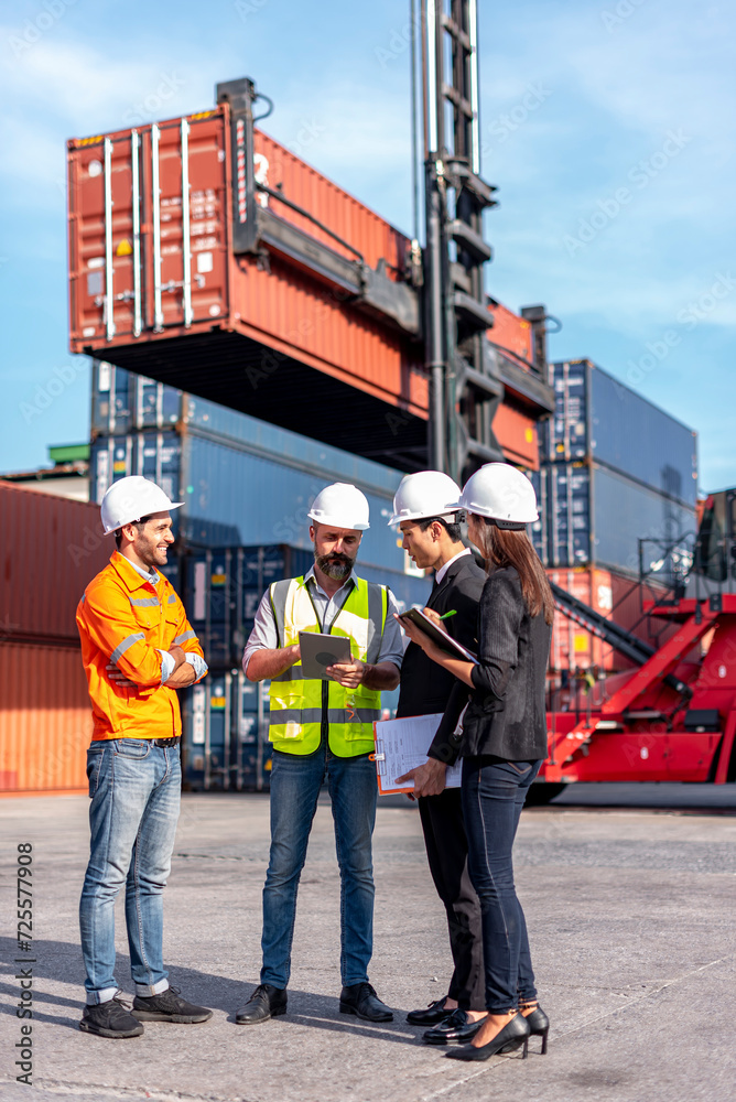 group of businessman, Logistics engineer and inspector and businessman cheer up and happy to about success business deal and project in shipping containerin commercial transport port