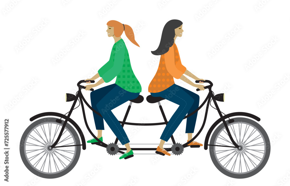 Obraz premium Two women,girls riding same bike in different directions, a metaphor of different goals, argument or disagreement. Tandem bicycle. Isolated. Vector illustration.