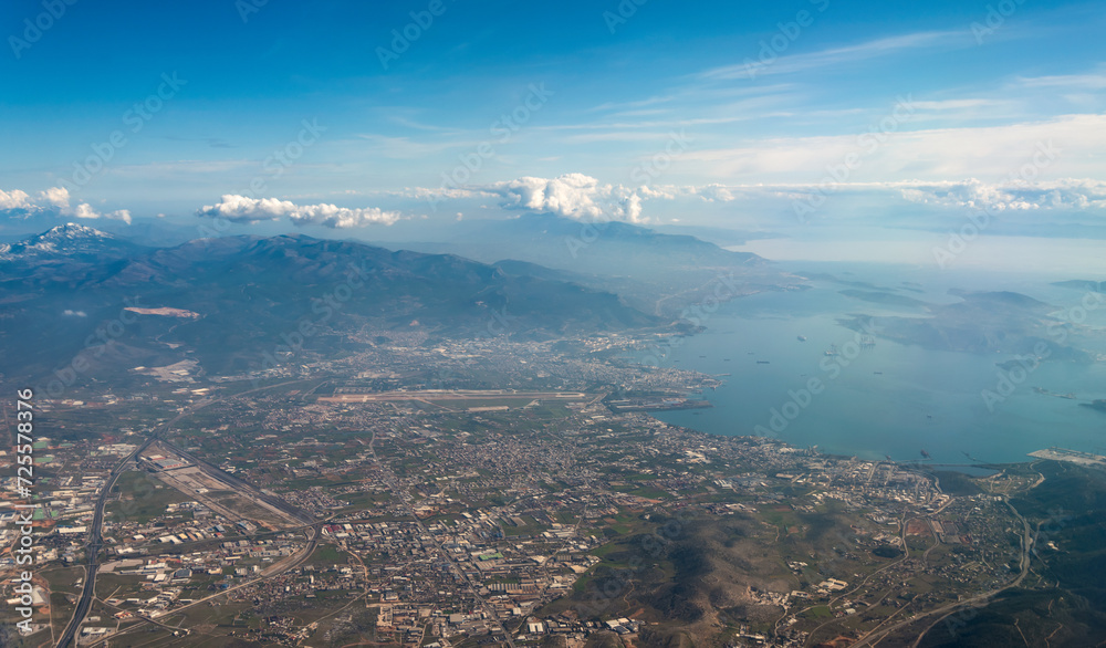 view from the plane window to Greece Athens and the Aegean Sea