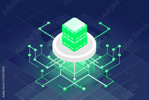 Artificial intelligence concept, ai isometric icon, big data, calculation, supercomputer concept, green blocks, database, data security encryption dark neon