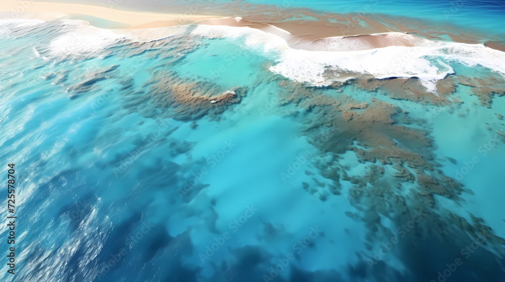 Fototapeta premium Sandy beach with light blue transparent water waves and sunlight, tranquil aerial beach scene
