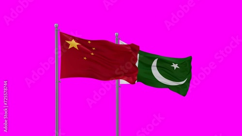 Pakistan flag and China flag waving with colored chroma key for easy background remove, endless seamless loop, two country relations concept