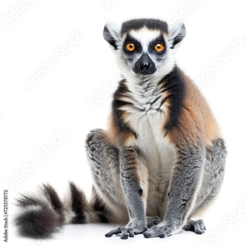 Ring-tailed Lemur sitting in natural pose isolated on white background, photo realistic