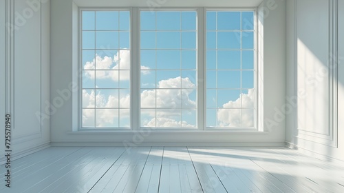 View of a white  empty room from the window. Generative Ai.