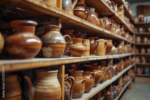 Rows of pottery goods on shelves in a ceramic workshop studio photo