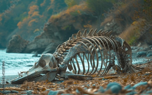 The skeletal remains of a large marine creature lie on a deserted beach. © burntime555