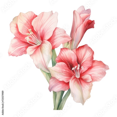 Amaryllis flower watercolor illustration. Floral blooming blossom painting on white background