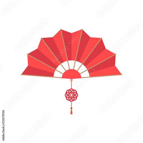 Red Chinese hand fan with wishful knot isolated on white background. Vector illustration of Paper traditional chinese folding fan. chinese new year element