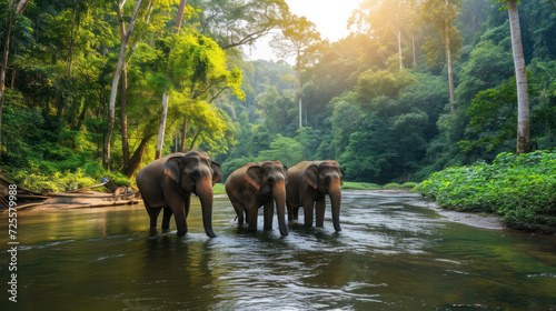 Asian Elephants in a natural river at deep forest, Thailand.