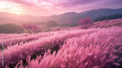 Beautiful pink Hairawn muhly landscape, Republic of Korea.