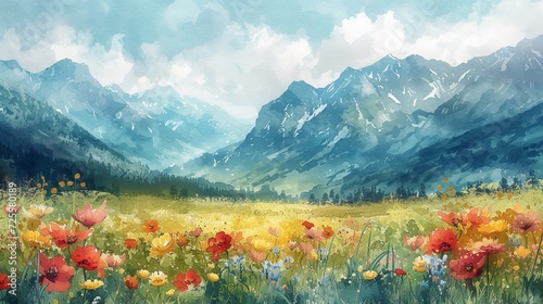 Watercolor scene with mountains and flowers. Generative Ai.