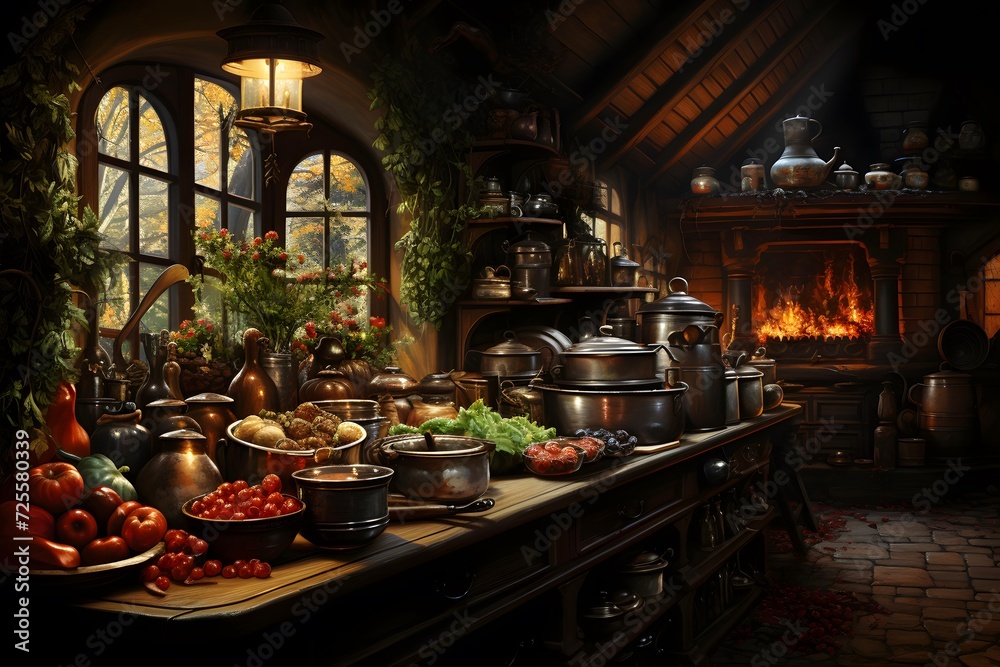 Panoramic view of a rustic kitchen with lots of food
