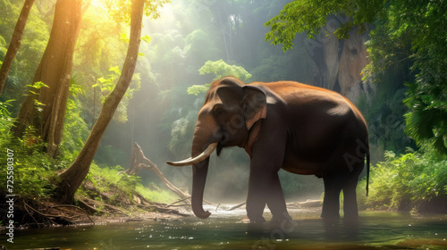 Wild elephant in the beautiful forest at Kanchanaburi province in Thailand. (with clipping path)