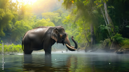 Wild elephant in the beautiful forest at Kanchanaburi province in Thailand. (with clipping path)