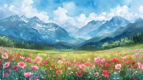 Watercolor scene with mountains and flowers. Generative Ai.