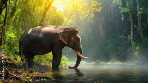 Wild elephant in the beautiful forest at Kanchanaburi province in Thailand.  with clipping path 