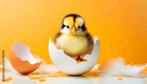 Closeup of a cute chick in a broken eggshell looking at camera, on a yellow and orange background with copy space. Generative Ai.