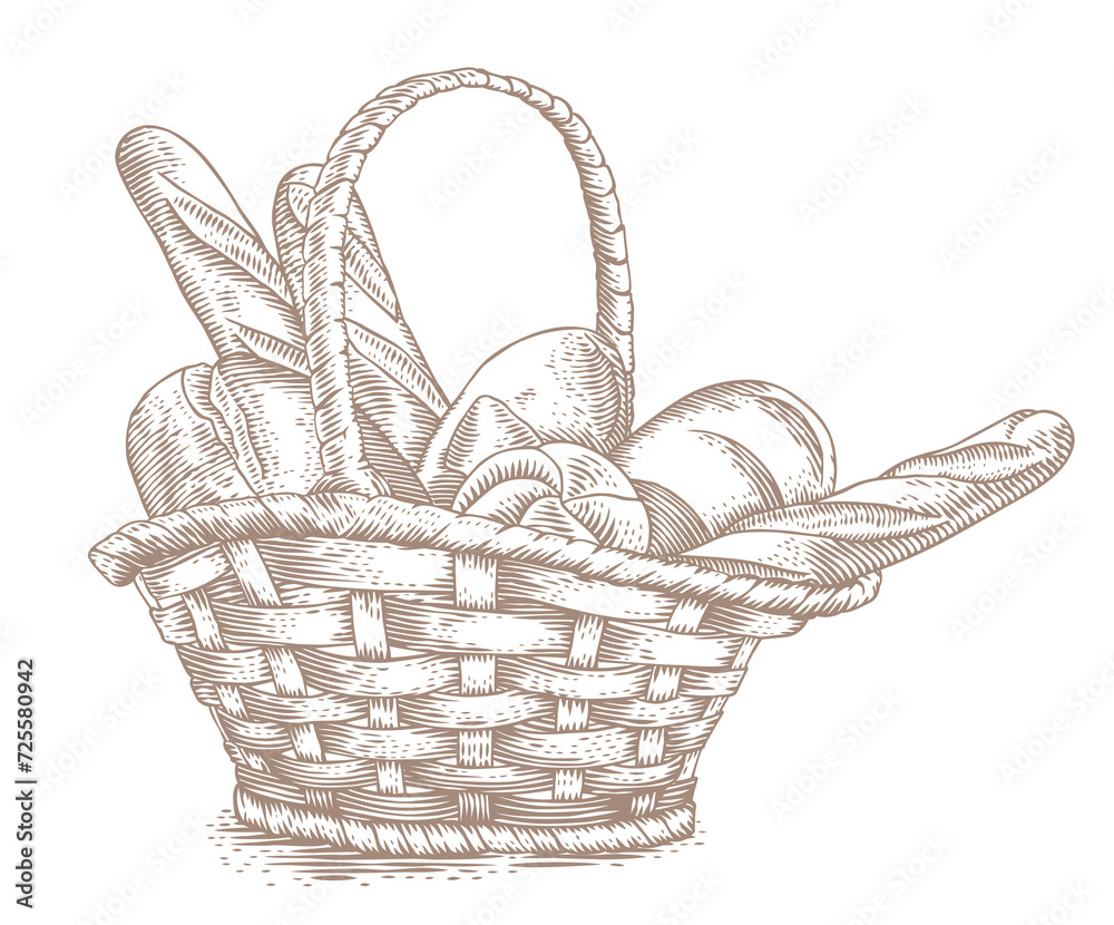 Obraz premium Drawing of bakery in the wicker basket
