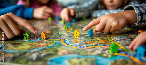 Close up of children s hands engaged in a board game with ample space for text placement