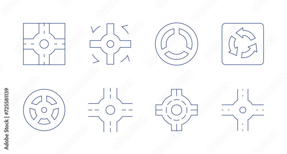 Roundabout icons. Editable stroke. Containing crossroads, roundabout.