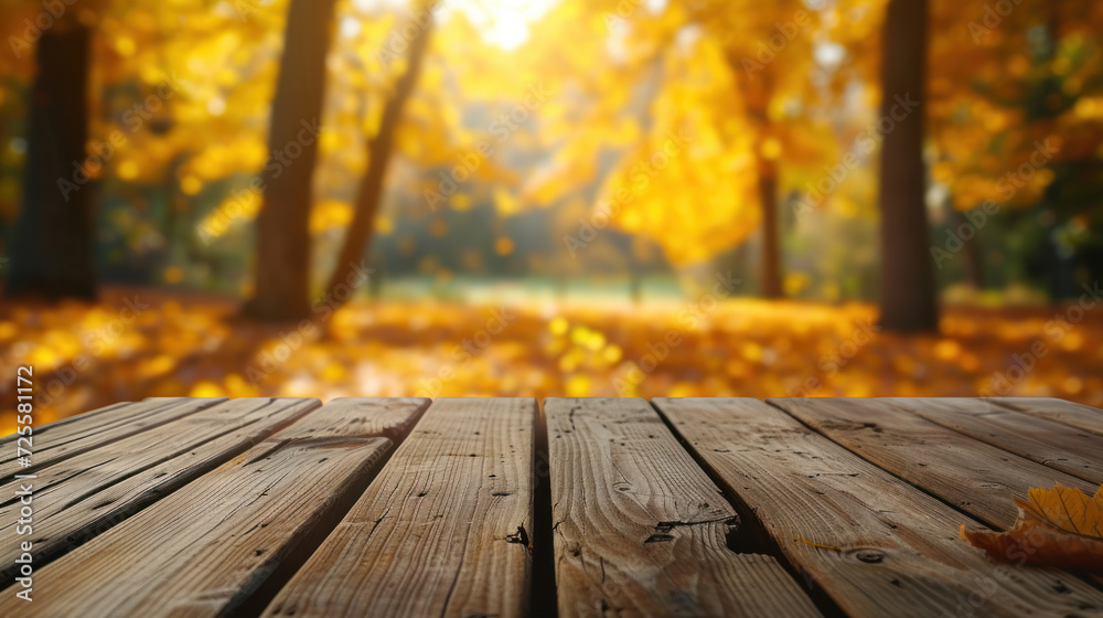 The empty wooden table top with blur background of autumn. Exuberant image. The empty wooden table top with blur background of autumn. Exuberant image.