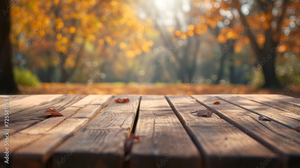 The empty wooden table top with blur background of autumn. Exuberant image. The empty wooden table top with blur background of autumn. Exuberant image.