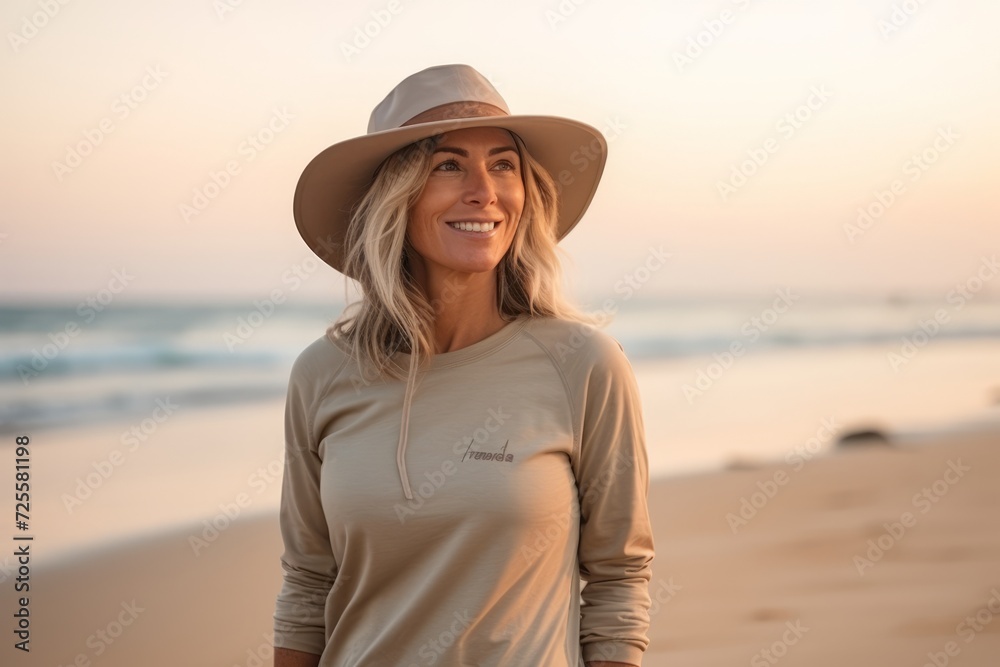 Beautiful woman in hat on the beach at sunset. Vacation