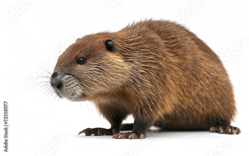 A close-up of a brown beaver, showcasing its detailed fur, small eyes, and claws, isolated on a white background.