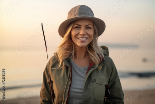 Portrait of smiling young woman with fishing rod on the beach at sunset