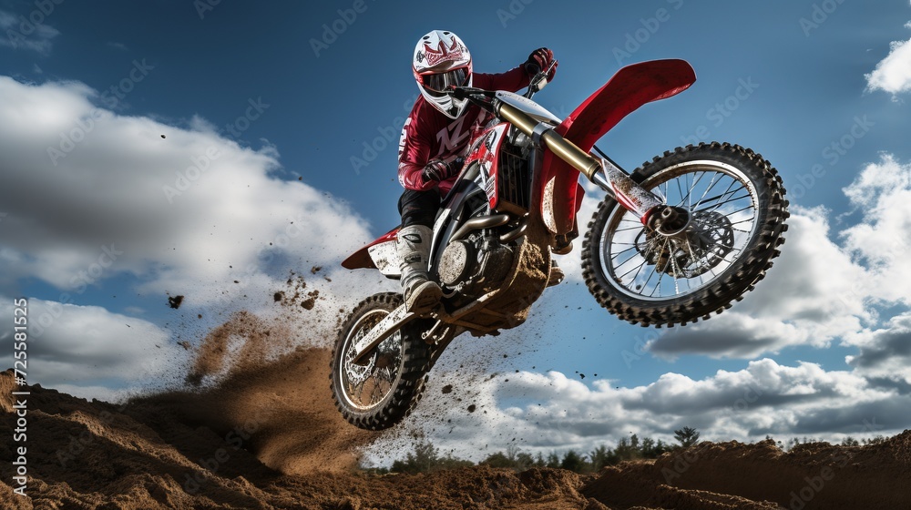 Motorcycle stunt  off road motorbike soaring through the canyon with blue sky background