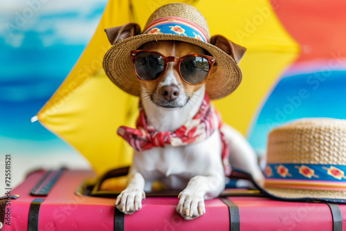 Cute dogs in sunglasses with suitcase and straw hat. Funny vacation and travel concept. Lovable, pretty dogs. Travel preparation and planning. Concept of recreation, travel and tourism. Pets care © Nataliia_Trushchenko