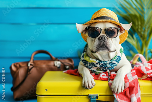 Cute dogs in sunglasses with suitcase and straw hat. Funny vacation and travel concept. Lovable, pretty dogs. Travel preparation and planning. Concept of recreation, travel and tourism. Pets care © Nataliia_Trushchenko