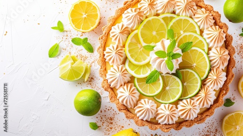 Delicious key lime pie and lemon meringue tart beautifully displayed on a pristine white surface