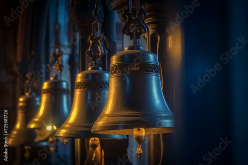 Bells cathedral musical instruments. Worship traditional bronze church jingles. Generate ai
