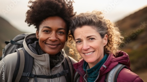 Close-up of an active middle-aged interracial lesbian couple hiking in the mountains outdoors. Happy moments together, LGBT, love, Positive emotions concepts.