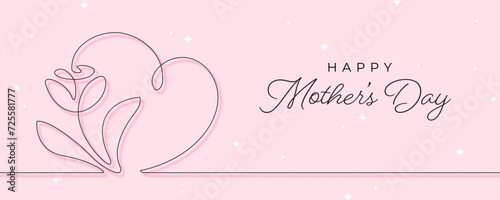 Mother's Day, Valentine's or International Women's Day horizontal greeting card or banner design with line art. Heart shape and flower linear silhouette. Love background.
