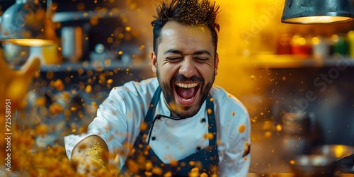 Joyful chef cooking in a bustling kitchen, excitement and passion in culinary arts. a moment of triumph in food preparation. dynamic, vibrant professional at work. AI