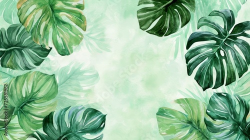 Watercolor Monstera Leaf. Cute watercolor Philodendron tropical leaves. Banner, wallpaper, green background, exotic tropical wall, abstract floral pattern, illustration. photo