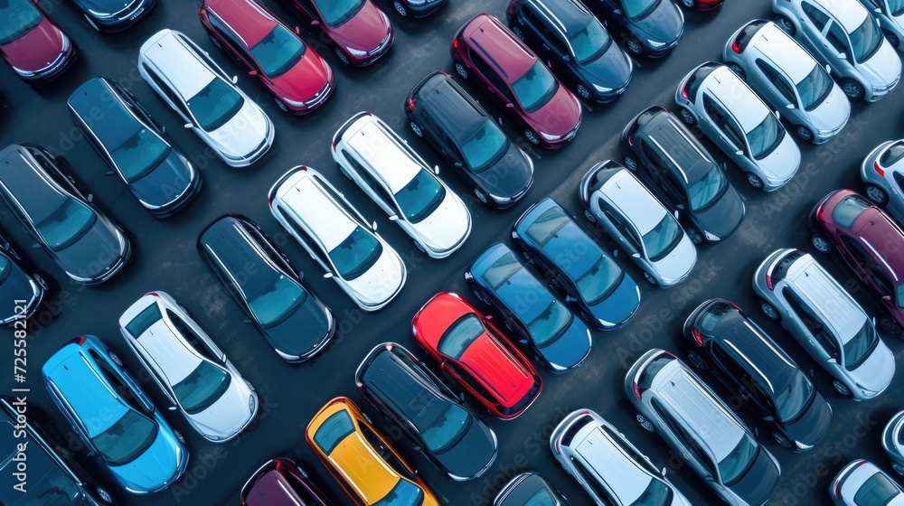Aerial view of a vibrant car storage lot with multicolored vehicles