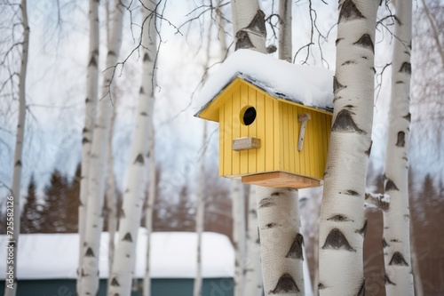 Yellow birdhouse on birch tree snowy season. Wintry cold woodland nature with feeding wooden birds box. Generate ai © nsit0108