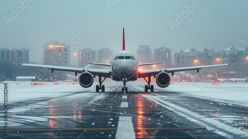 Winter runway of an aircraft at the airport. Generative Ai.
