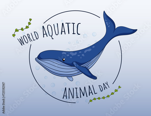 World aquatic animal day. Graphic print with whale for banner, poster, card. Hand drawn flat design. Vector illustration isolated.