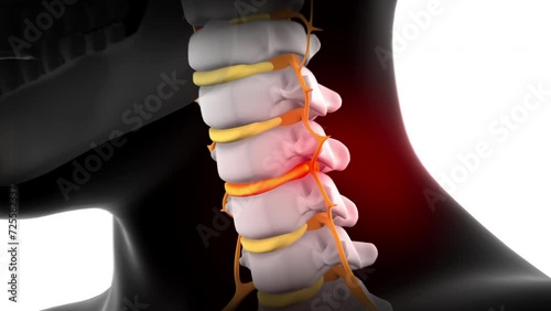 Cervical disc herniation causing neck pain, 3d animation photo