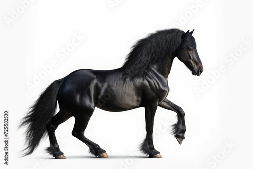 Prancing black regal stallion on white background. Majestic dark haired horse animal galloping. Generate ai
