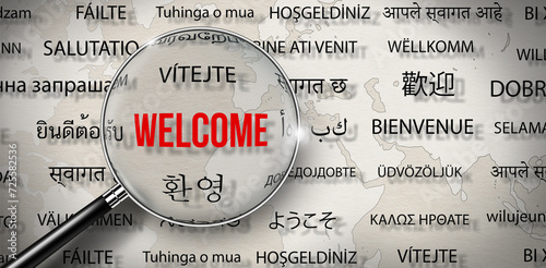 Magnifying glass with Word of Welcome in different language on paper with world map background. Words cloud concept.