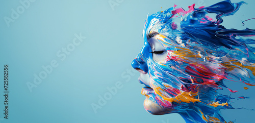 face made from colorful paint splatters, poured dripping down isolated on plain blue background with copy space photo